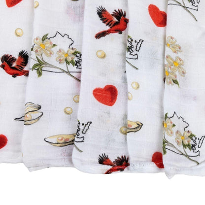 Virginia-themed baby muslin swaddle blanket and burp cloth set with floral patterns, neatly folded on a white background.