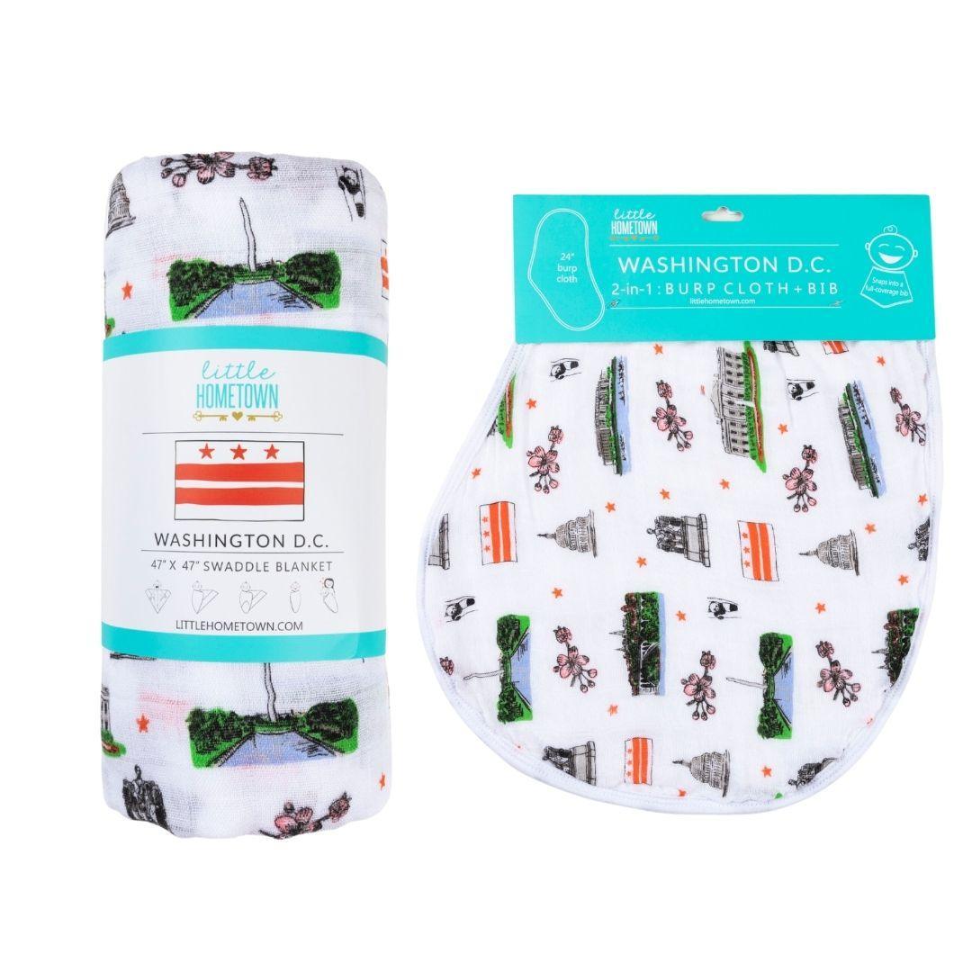 Washington D.C. baby gift set with muslin swaddle blanket and burp cloth, featuring iconic city landmarks.
