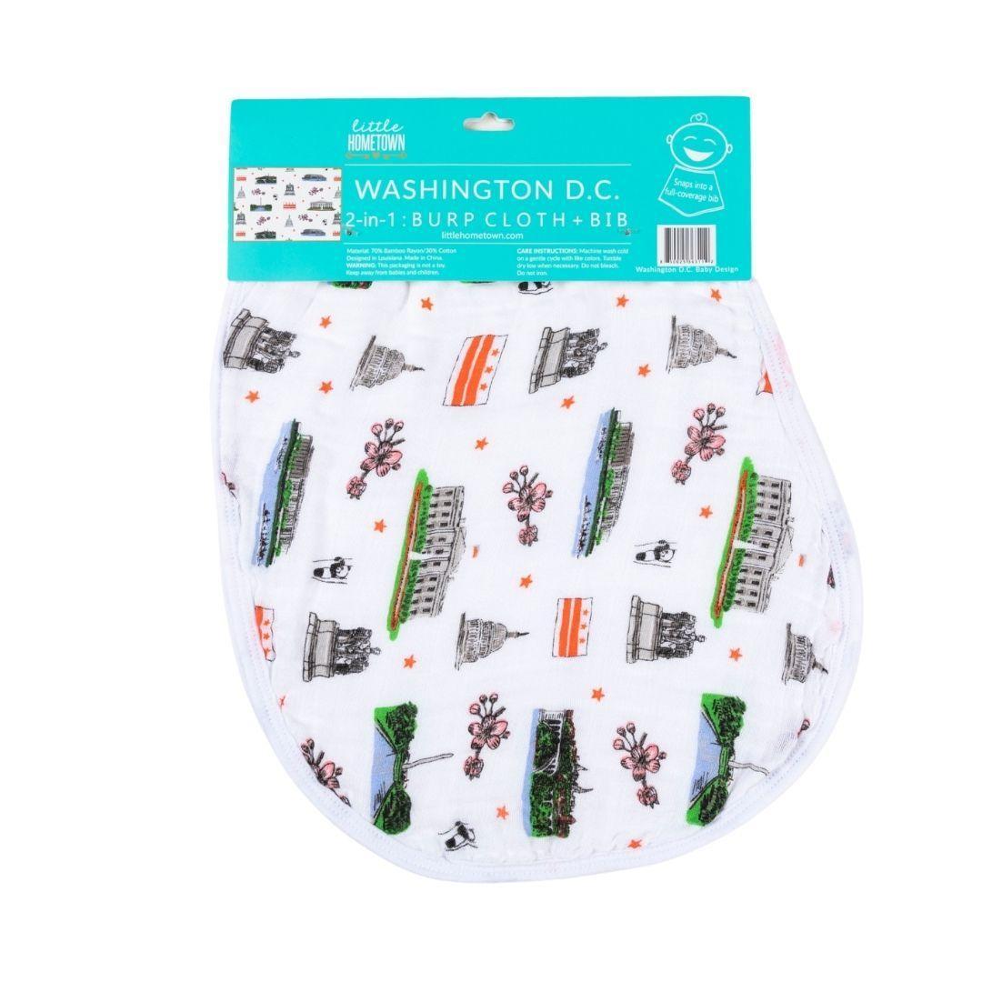 Washington D.C. baby gift set with muslin swaddle blanket and burp cloth featuring iconic landmarks and symbols.