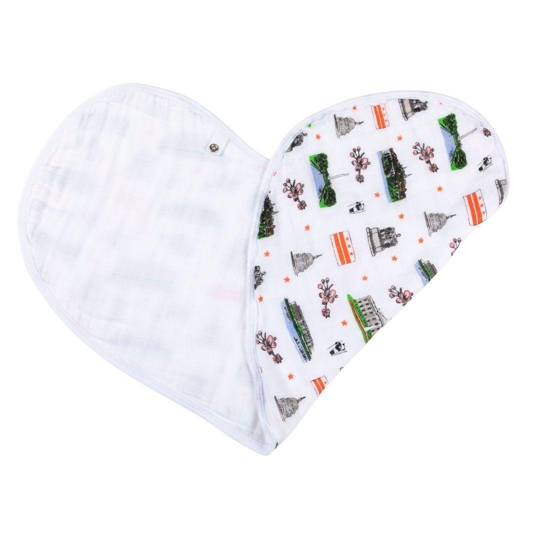 Washington D.C. baby gift set with muslin swaddle blanket and burp cloth, featuring iconic city landmarks.