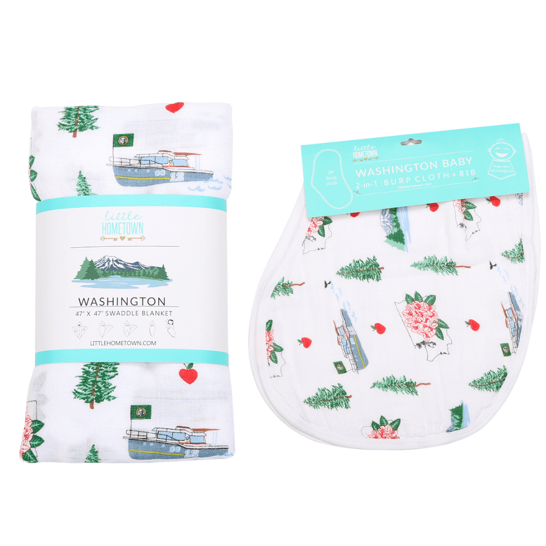 Washington State-themed baby muslin swaddle blanket and burp cloth set with state icons and landmarks.