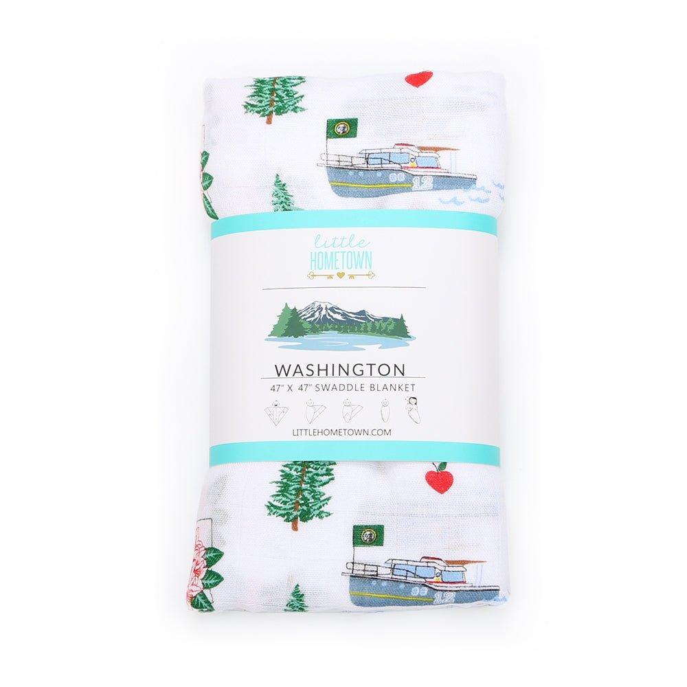 Washington State-themed baby muslin swaddle blanket and burp cloth set, featuring state icons and landmarks.