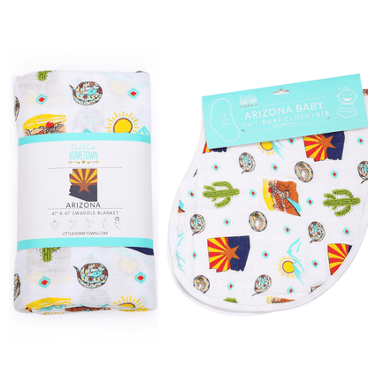 Gift set with Arizona-themed muslin swaddle blanket and burp cloth/bib combo, featuring desert motifs.