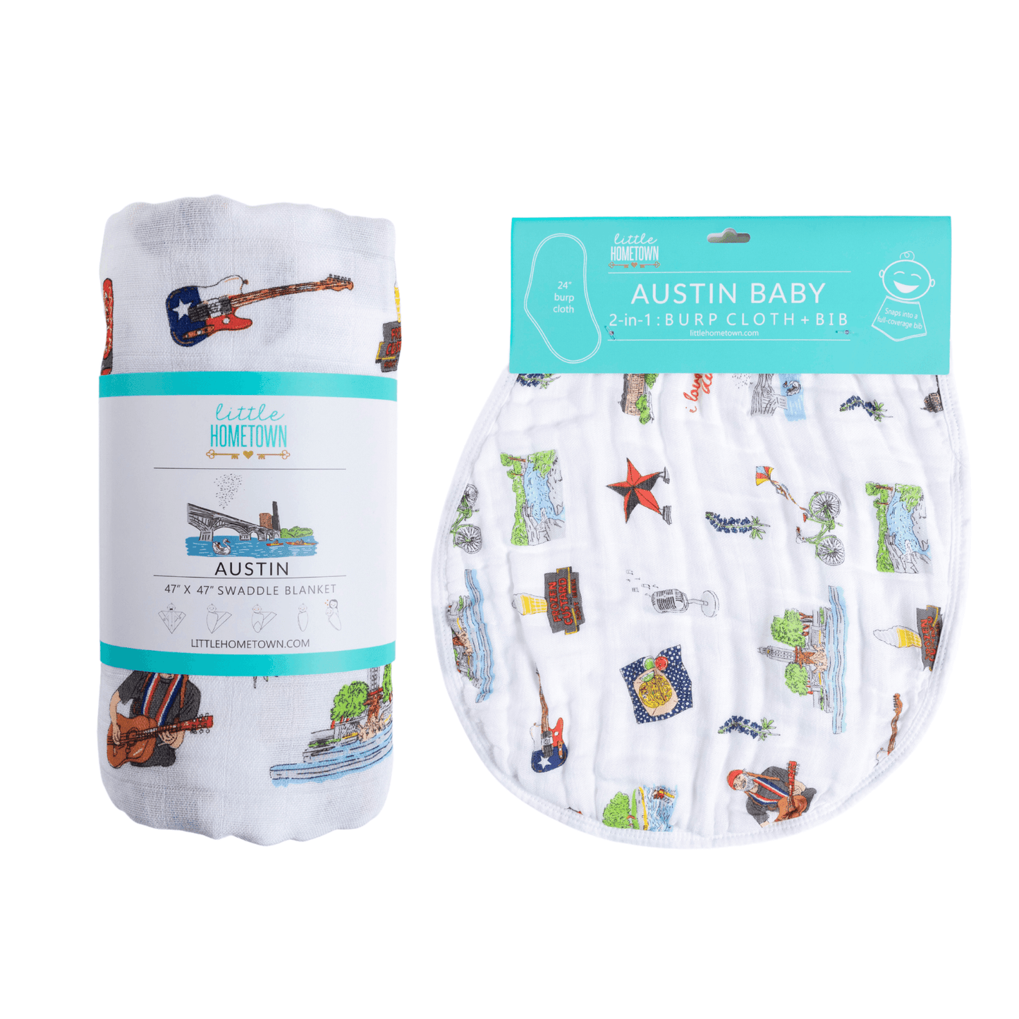 Austin-themed baby gift set with muslin swaddle blanket and burp cloth, featuring Texas icons and landmarks.