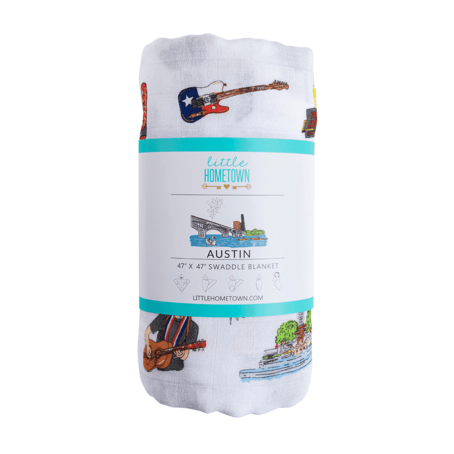 Austin-themed baby gift set with muslin swaddle blanket and burp cloth, featuring Texas icons and landmarks.