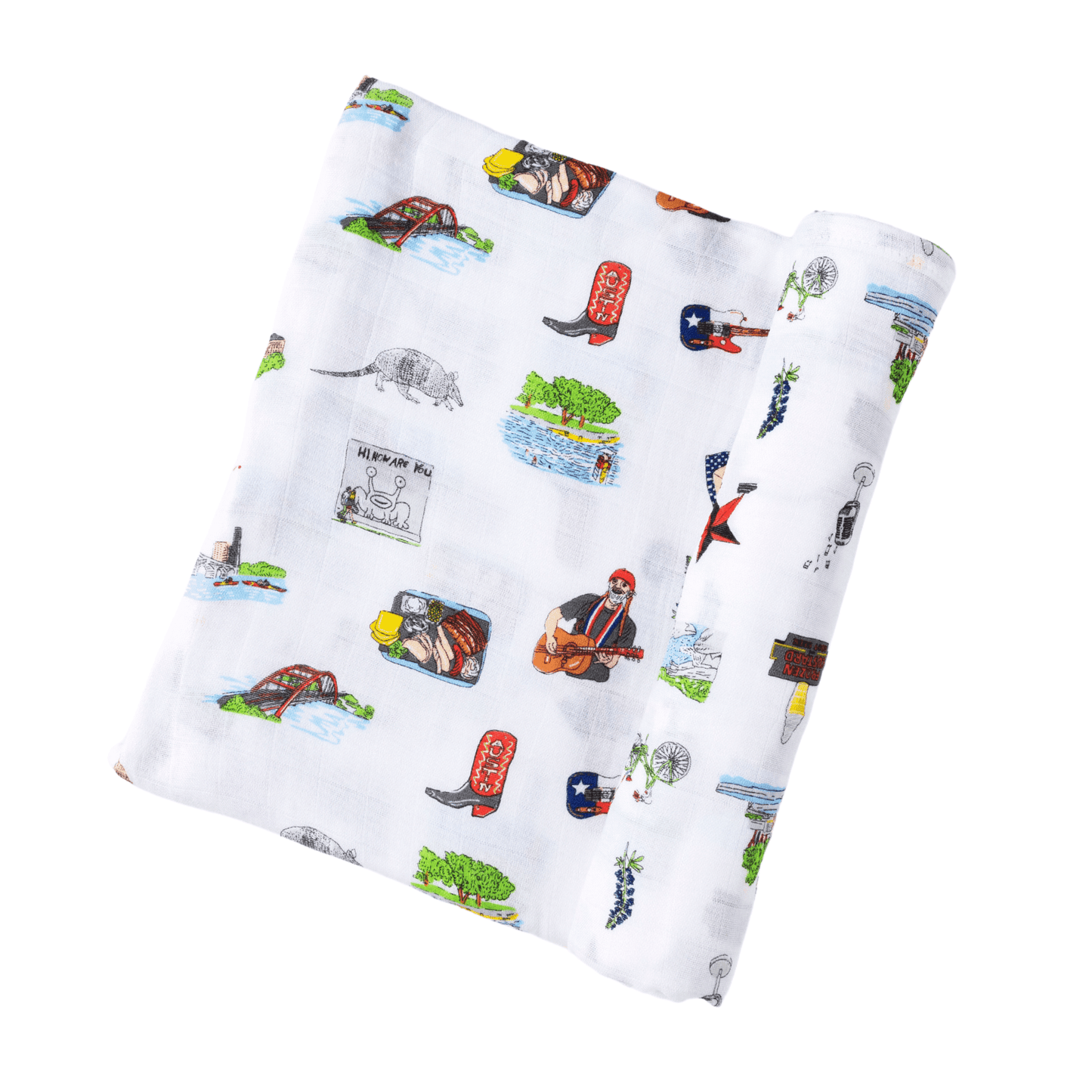 Austin-themed baby gift set with muslin swaddle blanket and burp cloth, featuring Texas icons and landmarks.