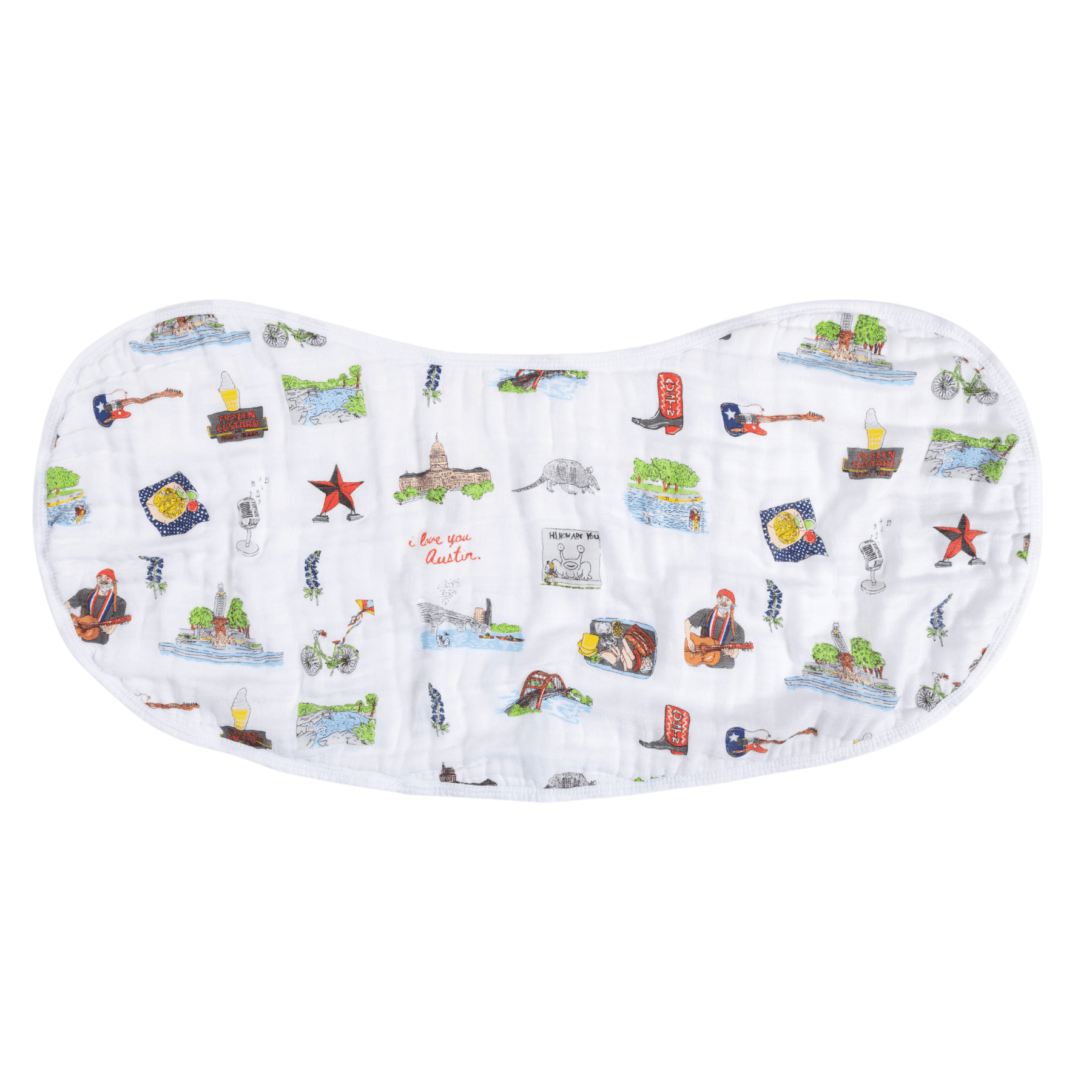 Austin-themed baby gift set with muslin swaddle blanket and burp cloth, featuring Texas icons and landmarks.
