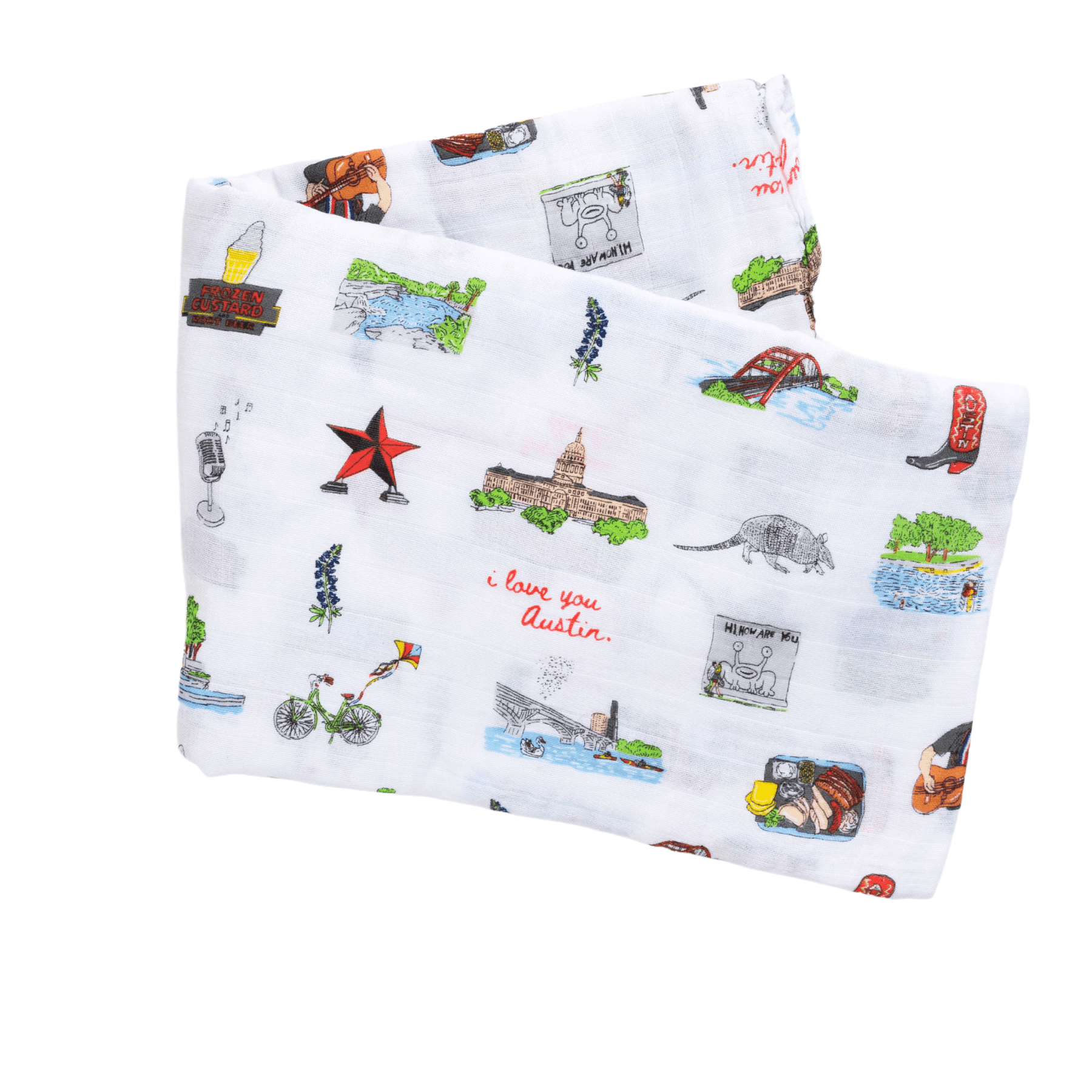 Gift set with Austin-themed baby muslin swaddle blanket and burp cloth/bib combo, featuring Texas icons.