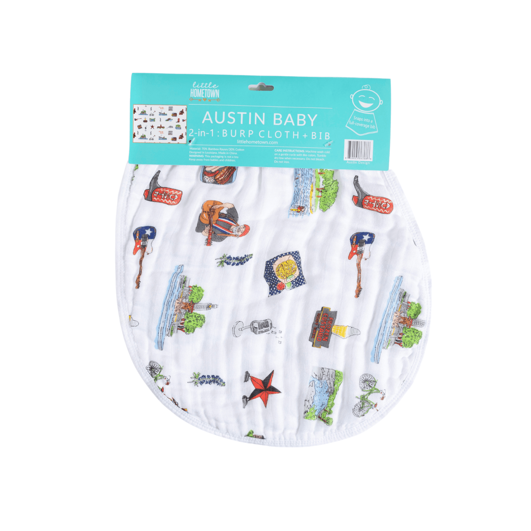 Austin-themed baby gift set with muslin swaddle blanket and burp cloth, featuring Texas icons and landmarks.