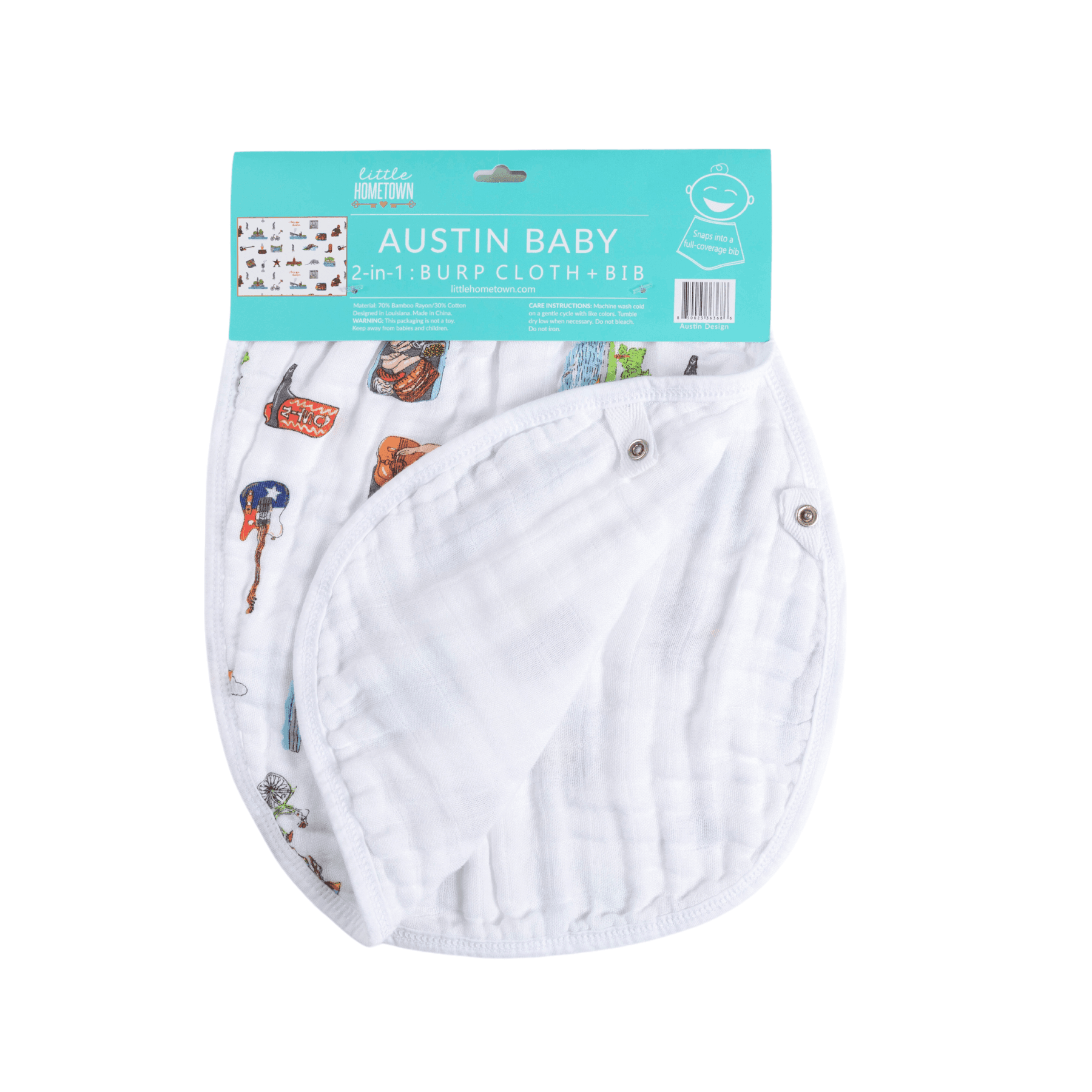 Austin-themed baby muslin swaddle blanket and burp cloth set featuring Texas icons in soft pastel colors.