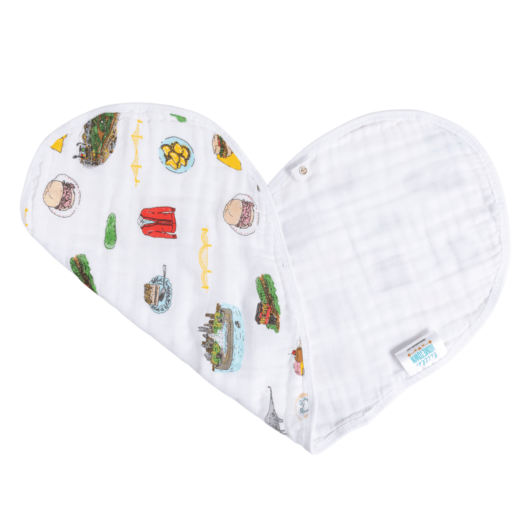 Pittsburgh-themed baby gift set with a muslin swaddle blanket and burp cloth, featuring city landmarks and icons.