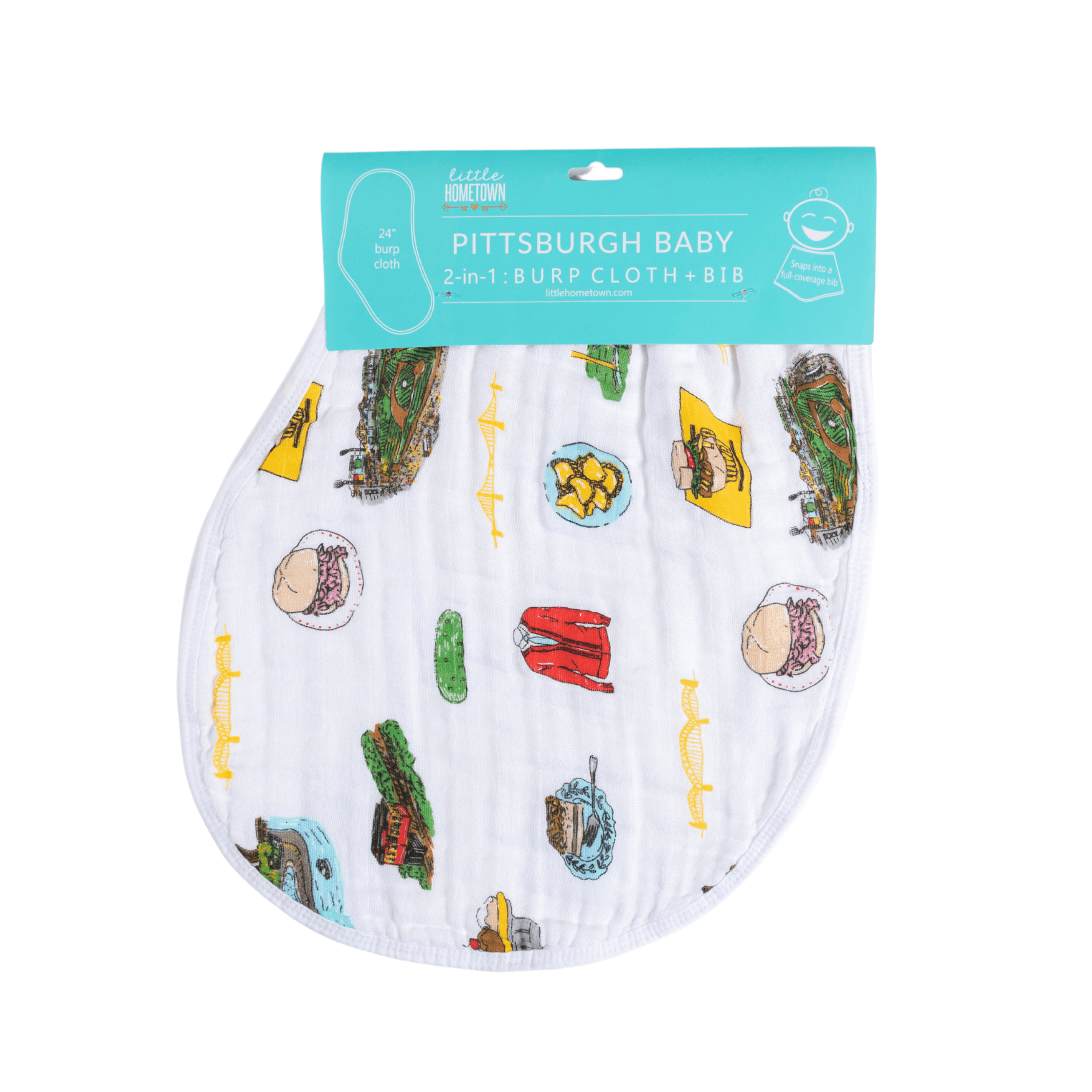 Pittsburgh-themed baby gift set with a muslin swaddle blanket and burp cloth, featuring city landmarks and icons.