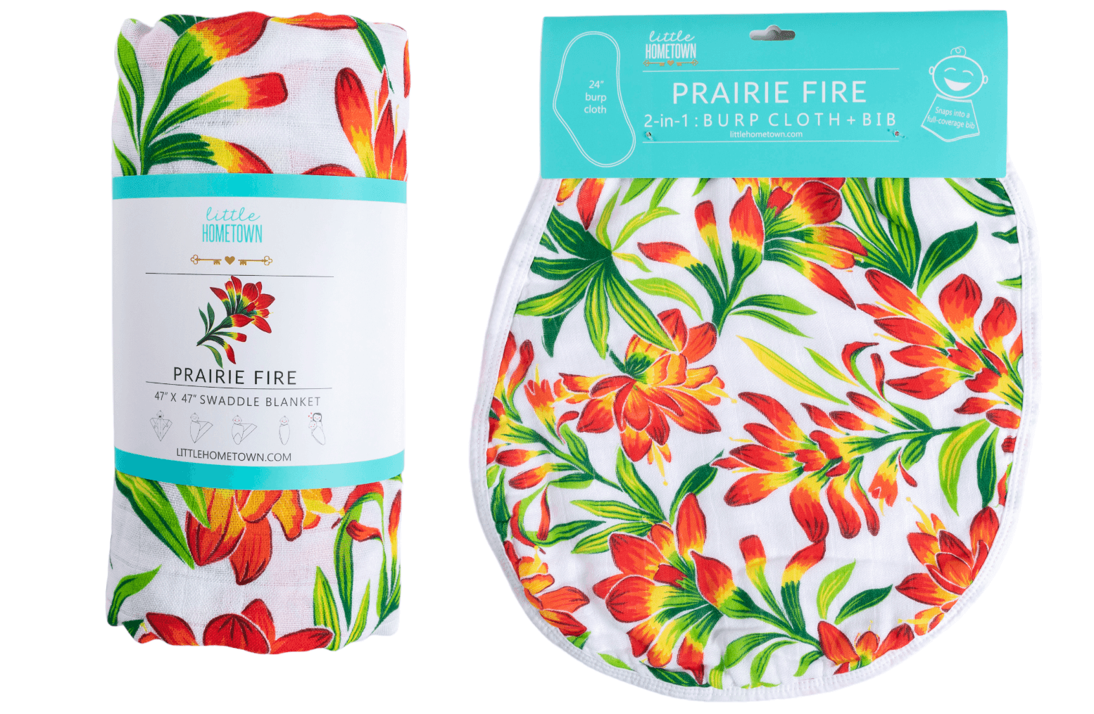 Prairie Fire baby muslin swaddle blanket and burp cloth set with vibrant floral design on a white background.