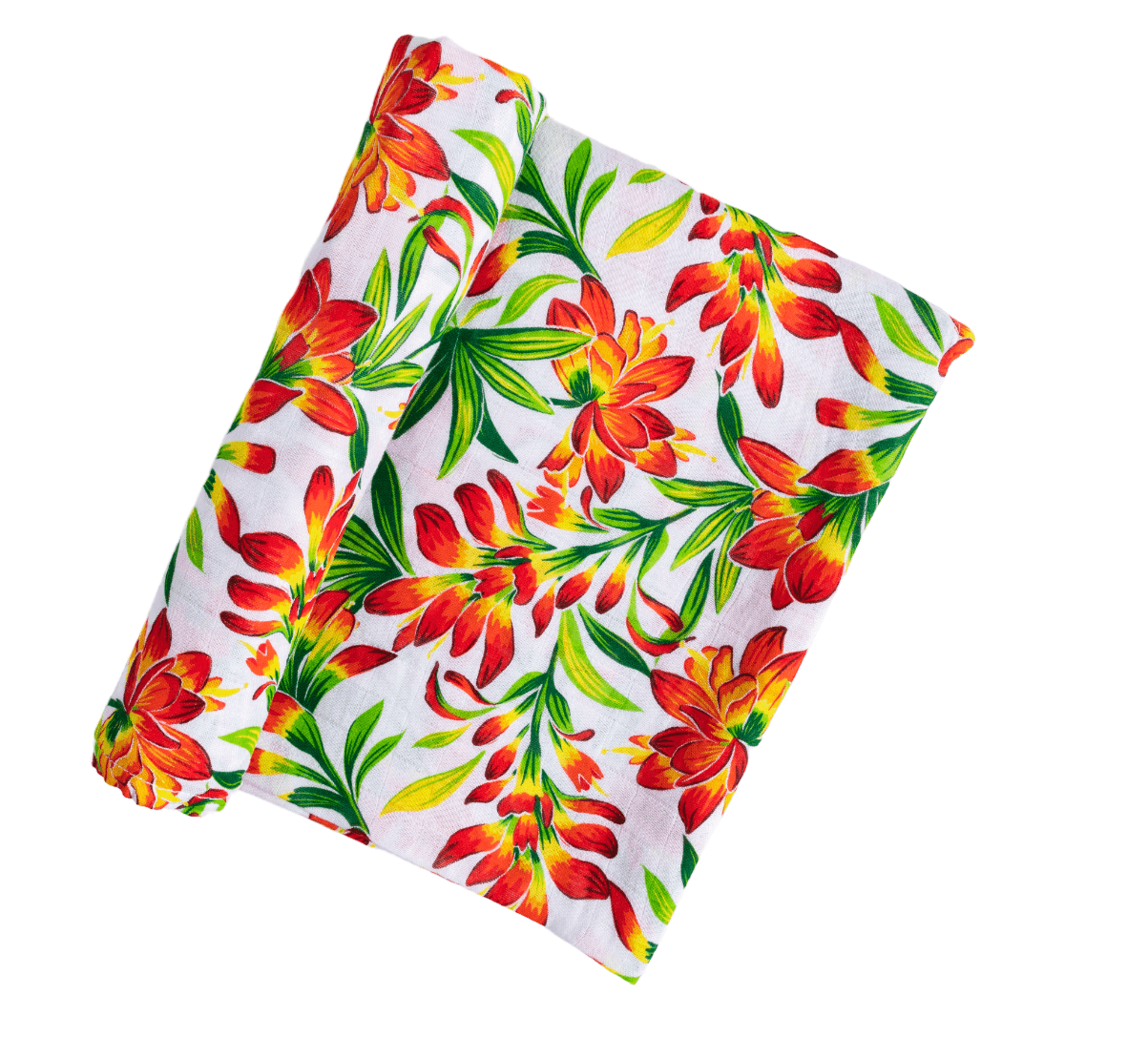 Prairie Fire baby muslin swaddle blanket and burp cloth set with vibrant floral design on a white background.