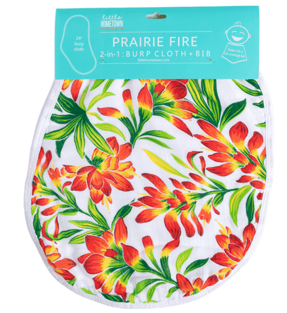 Prairie Fire baby muslin swaddle blanket and burp cloth set with vibrant floral design on a white background.