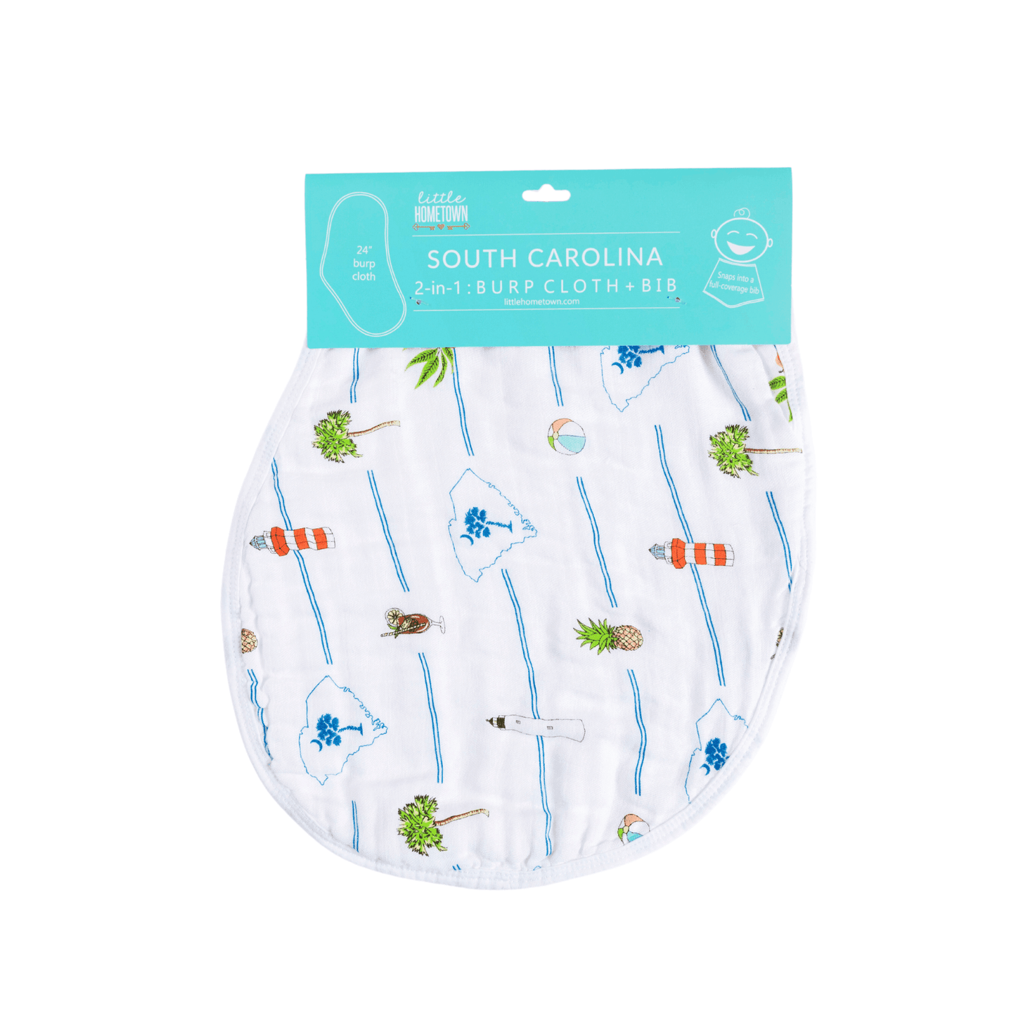 South Carolina-themed baby gift set with muslin swaddle blanket and burp cloth, featuring state icons and landmarks.