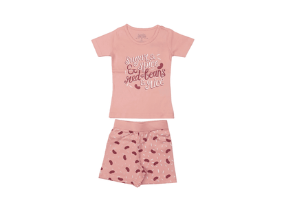 Girls' red pajamas with "Red Beans and Rice" print, featuring playful food illustrations and a cozy design.