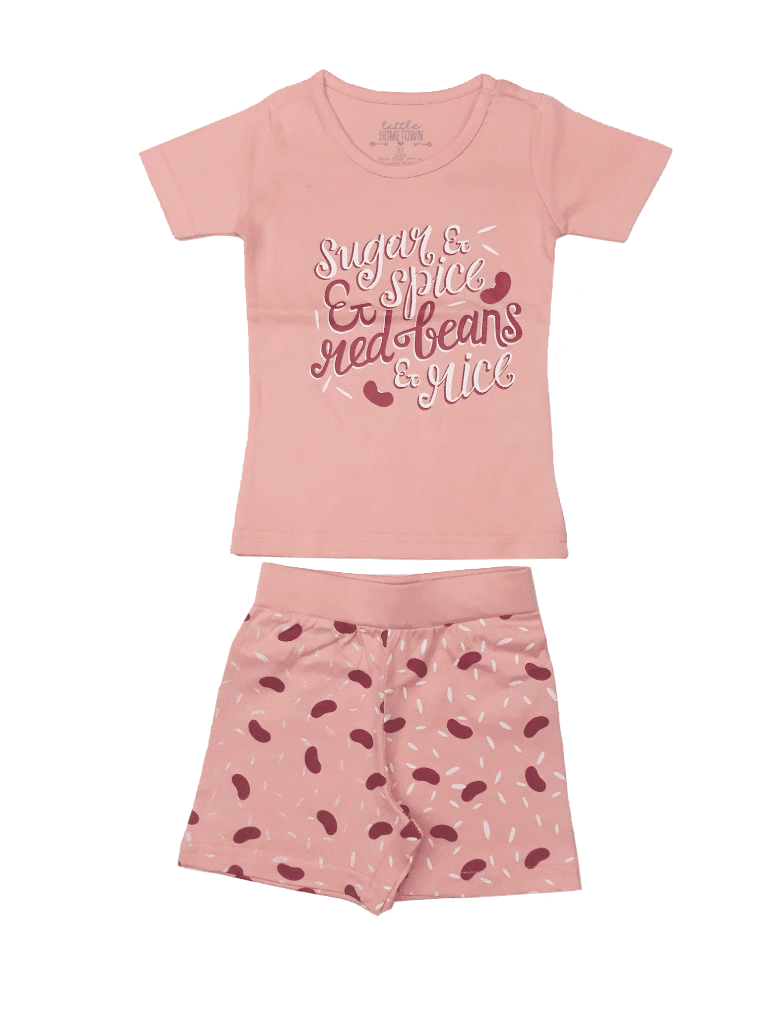 Little Hometown girls' pajamas with red beans and rice print, featuring vibrant red and white colors.