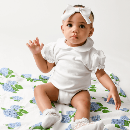 Soft white muslin swaddle blanket adorned with delicate blue and pink hydrangea flowers, perfect for newborns.