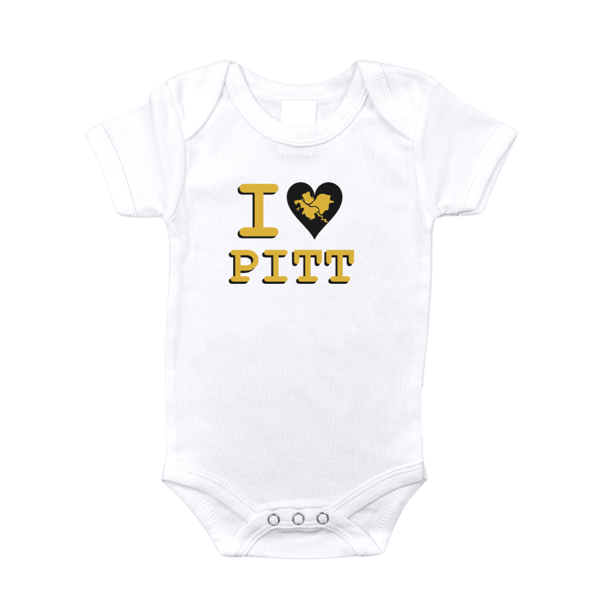 White baby onesie with "I Love Pitt" and a blue heart, celebrating Pittsburgh, displayed on a wooden background.