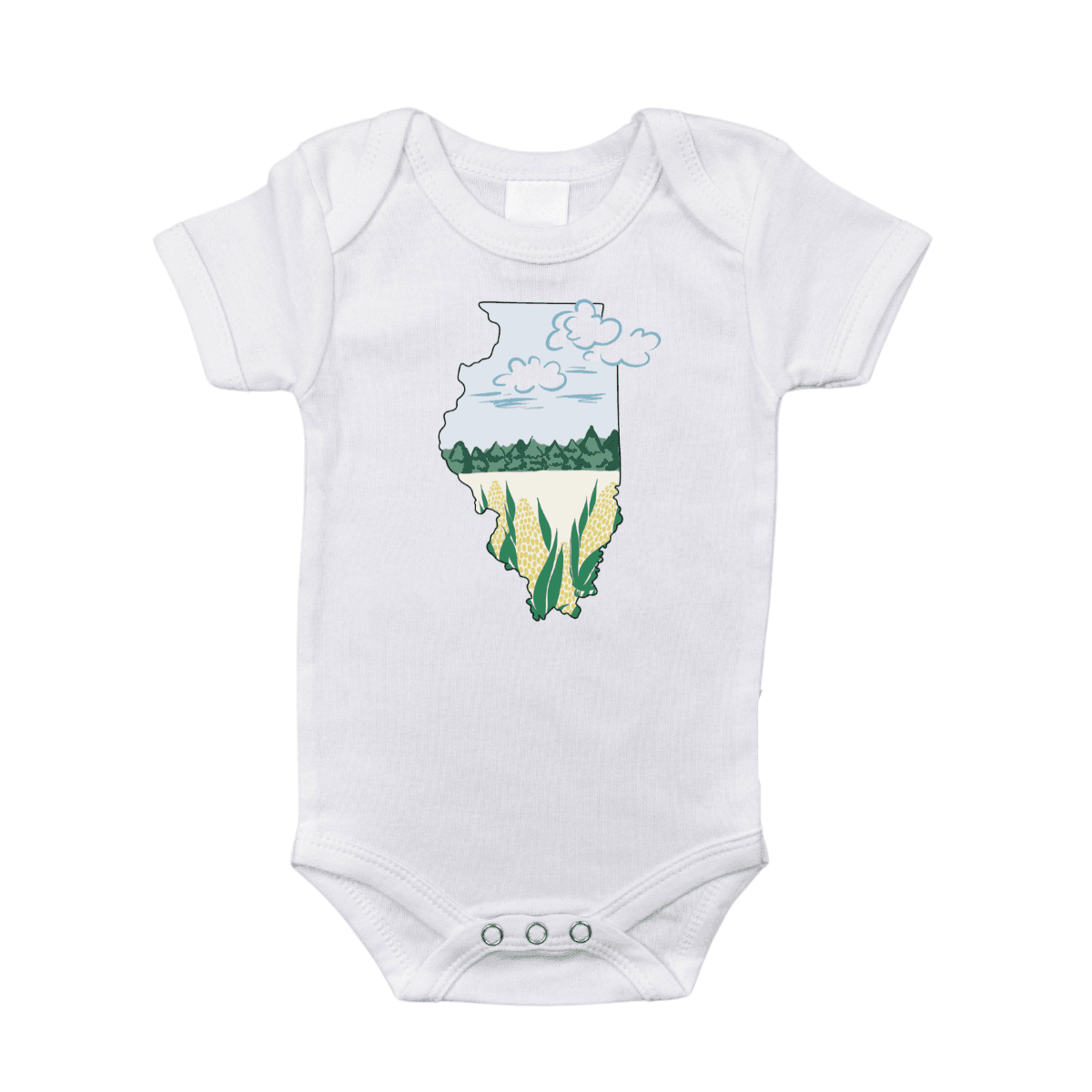 Baby onesie with "Illinois Cornfield" text, featuring a cute corn graphic on a soft, light blue fabric.