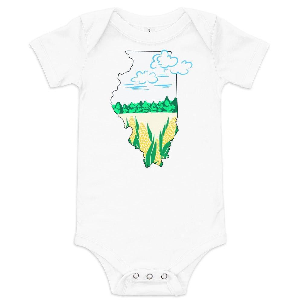 Baby onesie with "Illinois Cornfield" text, featuring a cute cornfield graphic on a white background.