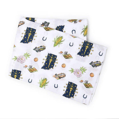 Indiana-themed baby muslin swaddle blanket with state icons like race cars, basketballs, and corn in soft pastel colors.