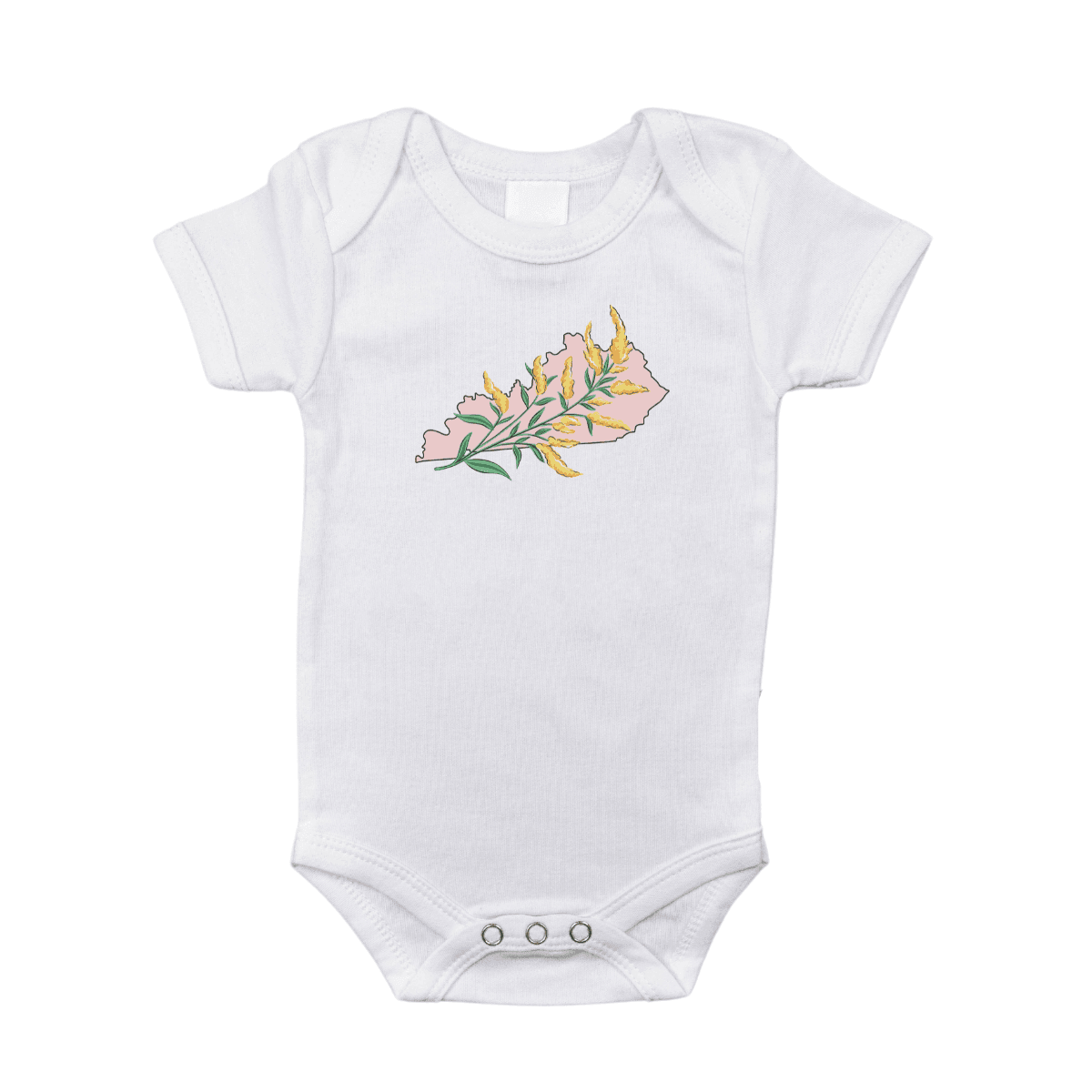 Yellow baby onesie with "Kentucky Goldenrod" text and a goldenrod flower graphic, by Little Hometown.