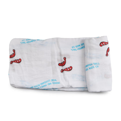 Louisiana-themed baby muslin swaddle blanket with state icons like pelicans, crawfish, and magnolias on a white background.
