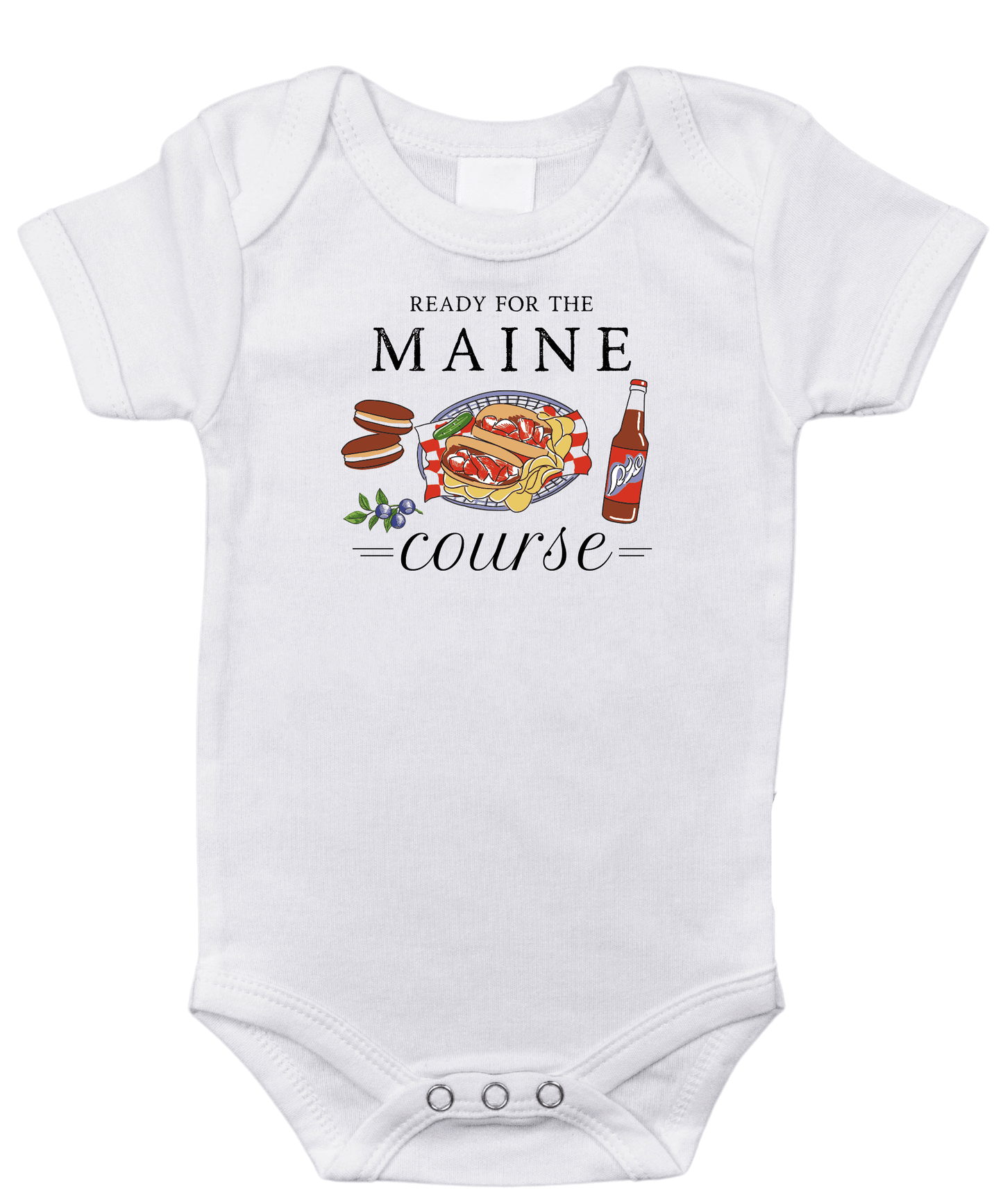White baby onesie with "Maine Course" text and a lobster graphic, evoking a playful and regional charm.