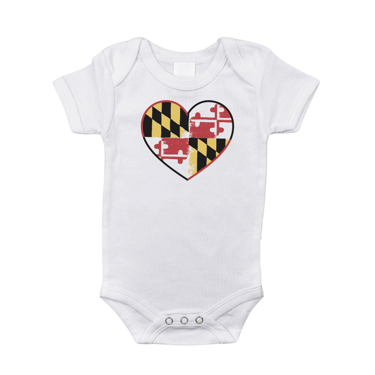 White baby onesie with "Maryland" in red and "Little Hometown" in blue, featuring a crab and state flag design.