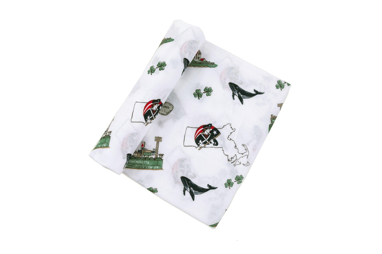 Massachusetts-themed baby muslin swaddle blanket with state icons like lobsters, lighthouses, and sailboats.