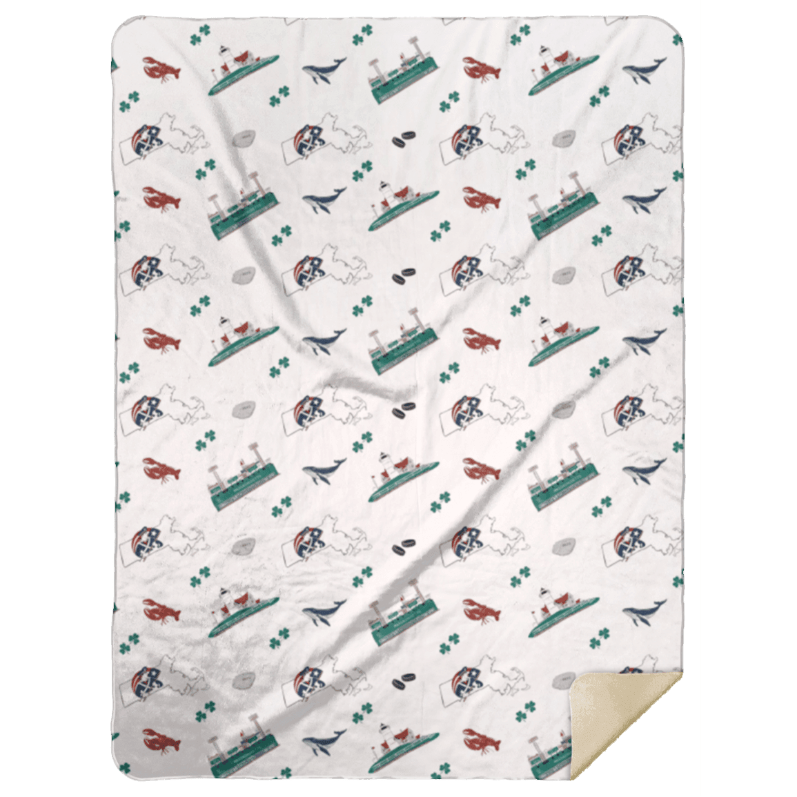 Massachusetts-themed plush throw blanket with state map, landmarks, and icons in vibrant colors on a white background.