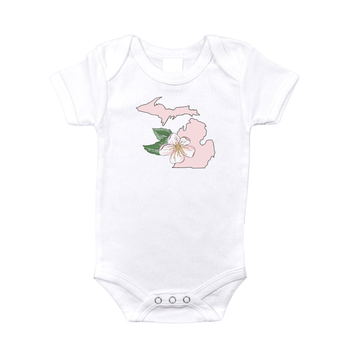 White baby onesie with "Michigan Apple Blossom" text and a pink apple blossom graphic on the front.