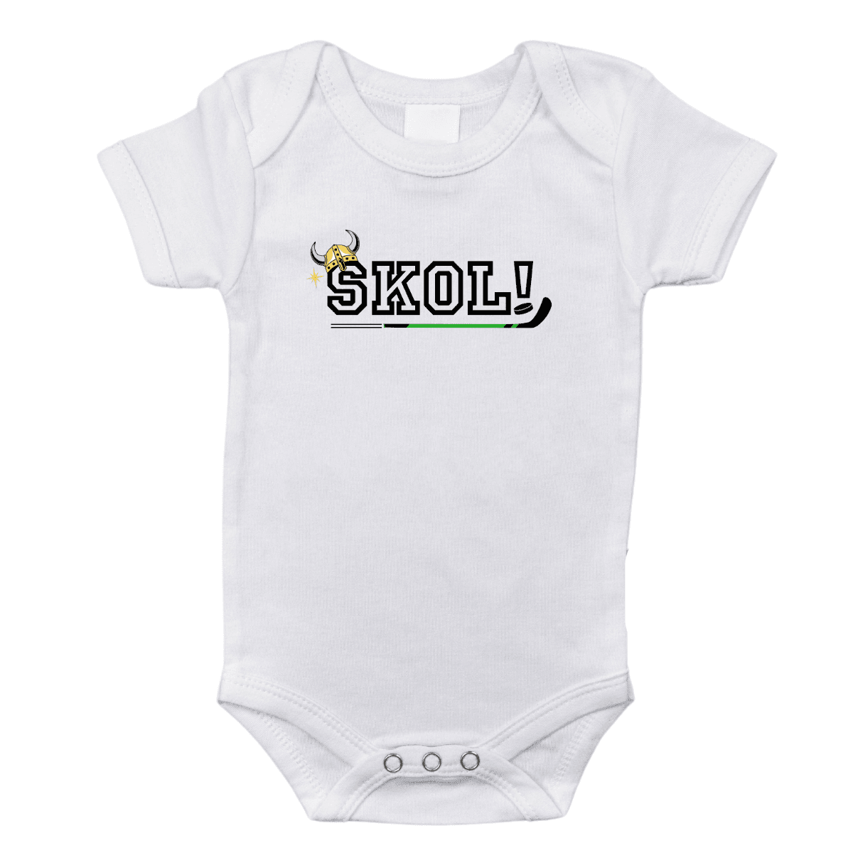 Purple baby onesie with "Minnesota Skol" in white text, featuring a Viking helmet graphic above the text.