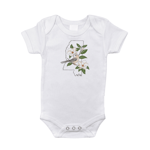 White baby onesie with "Mississippi" in blue script and a heart symbol, evoking state pride and warmth.