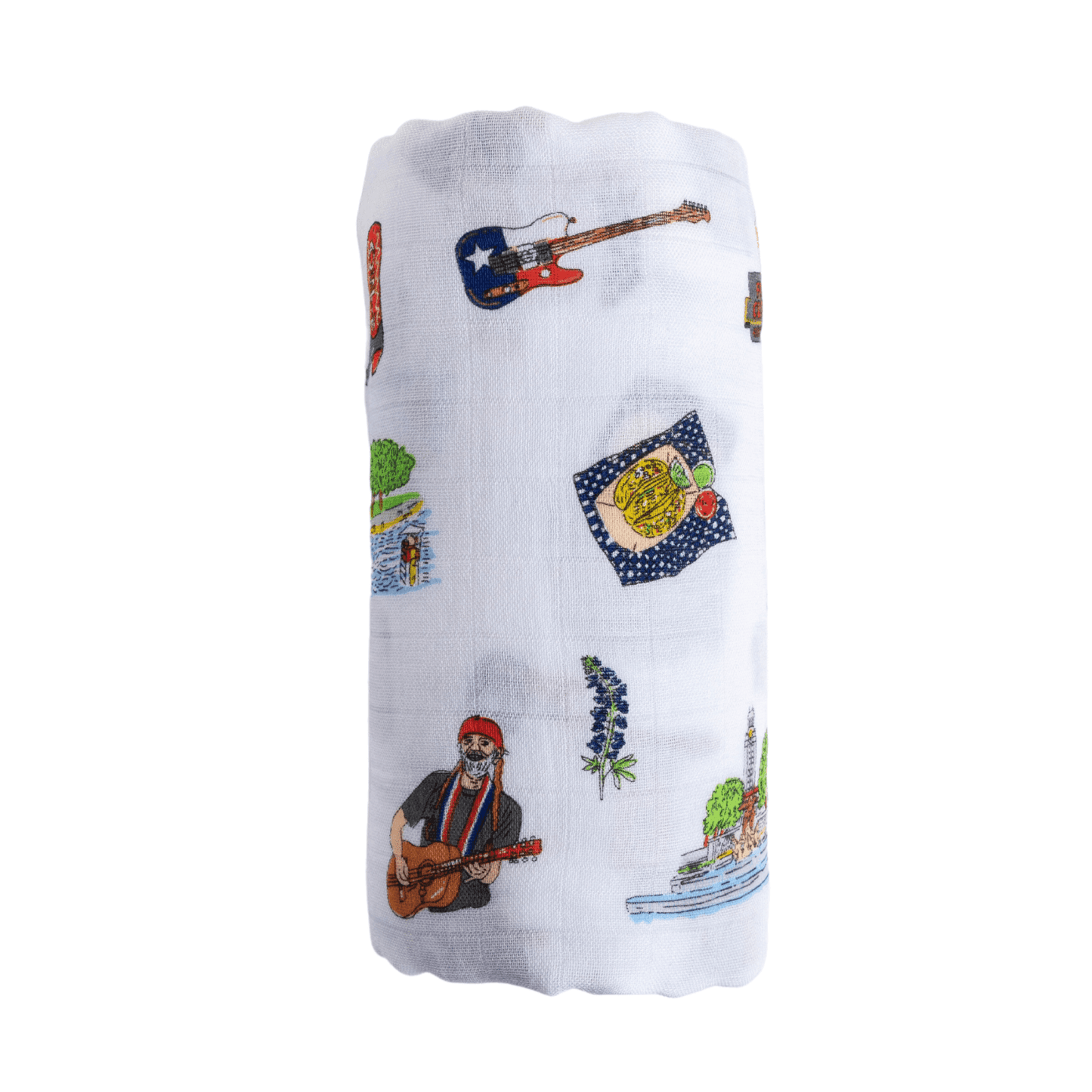 White muslin swaddle blanket with colorful Austin landmarks, including the Texas Capitol and "Greetings from Austin" mural.