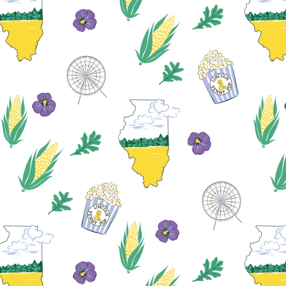 White muslin baby swaddle blanket with colorful Illinois-themed illustrations, including landmarks and state symbols.