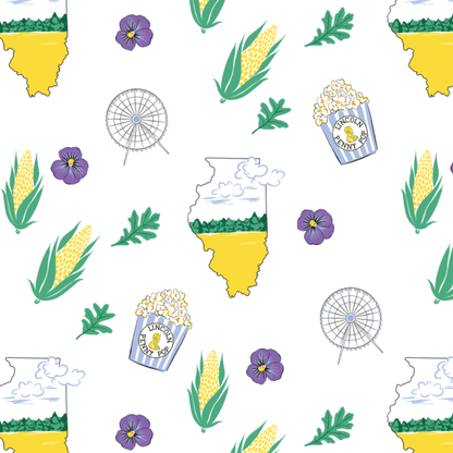 White muslin baby swaddle blanket with colorful Illinois-themed illustrations, including landmarks and state symbols.