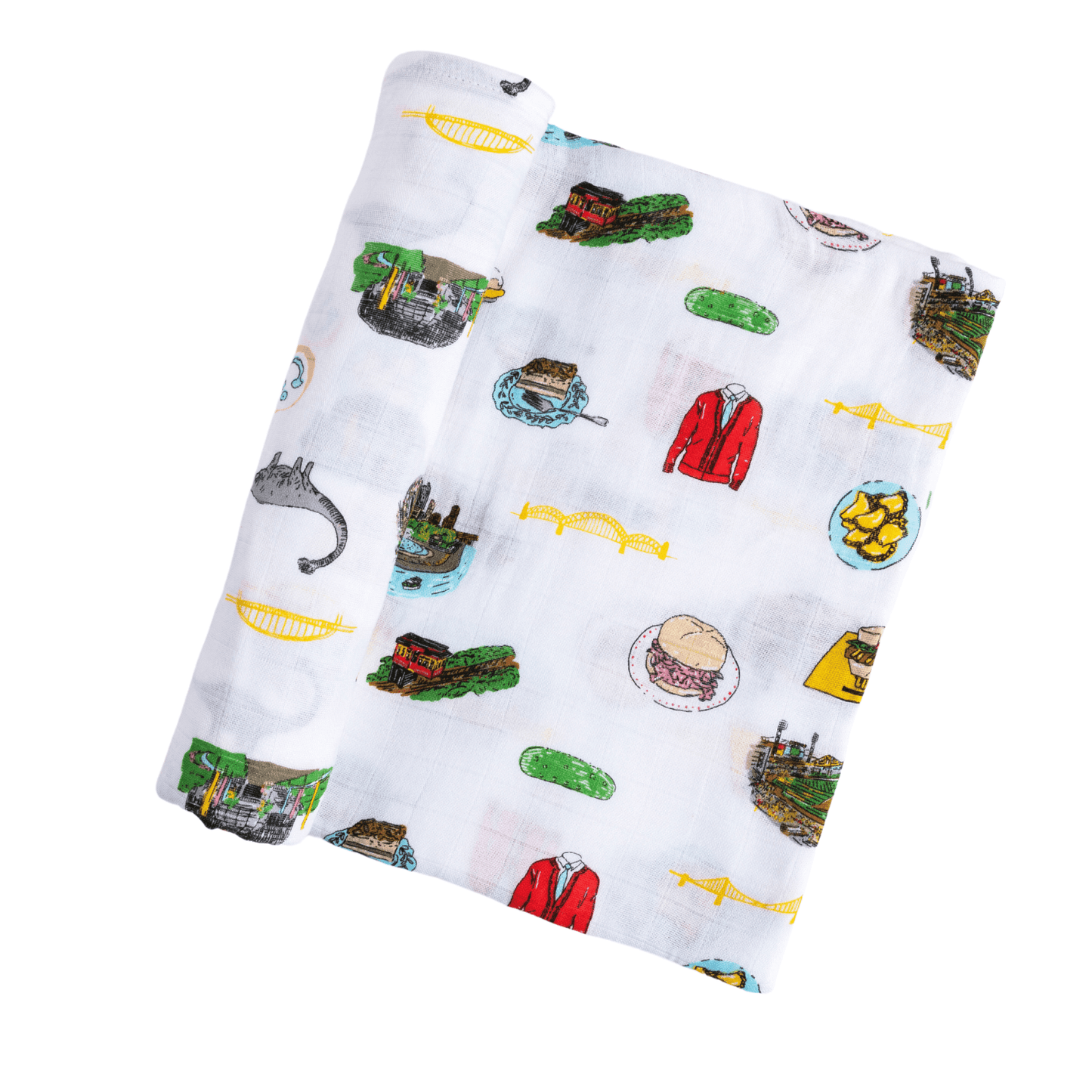 White muslin baby swaddle blanket with Pittsburgh landmarks and icons, including bridges, sports logos, and buildings.