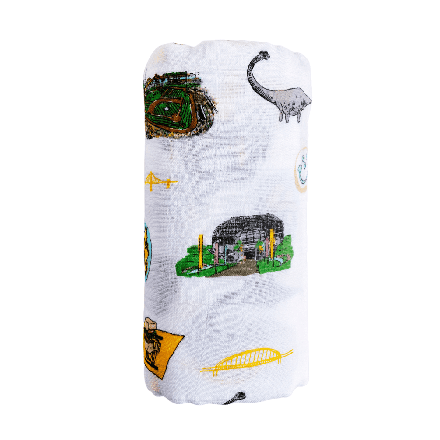 White muslin baby swaddle blanket with Pittsburgh landmarks and icons in black and yellow illustrations.