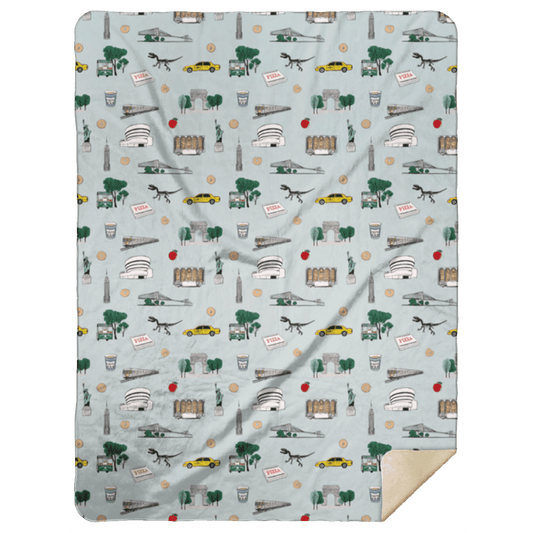 Cozy plush throw blanket featuring elements of New York City with landmarks like taxi cabs, pizza boxes, museums, and neighborhoods in vibrant colors.