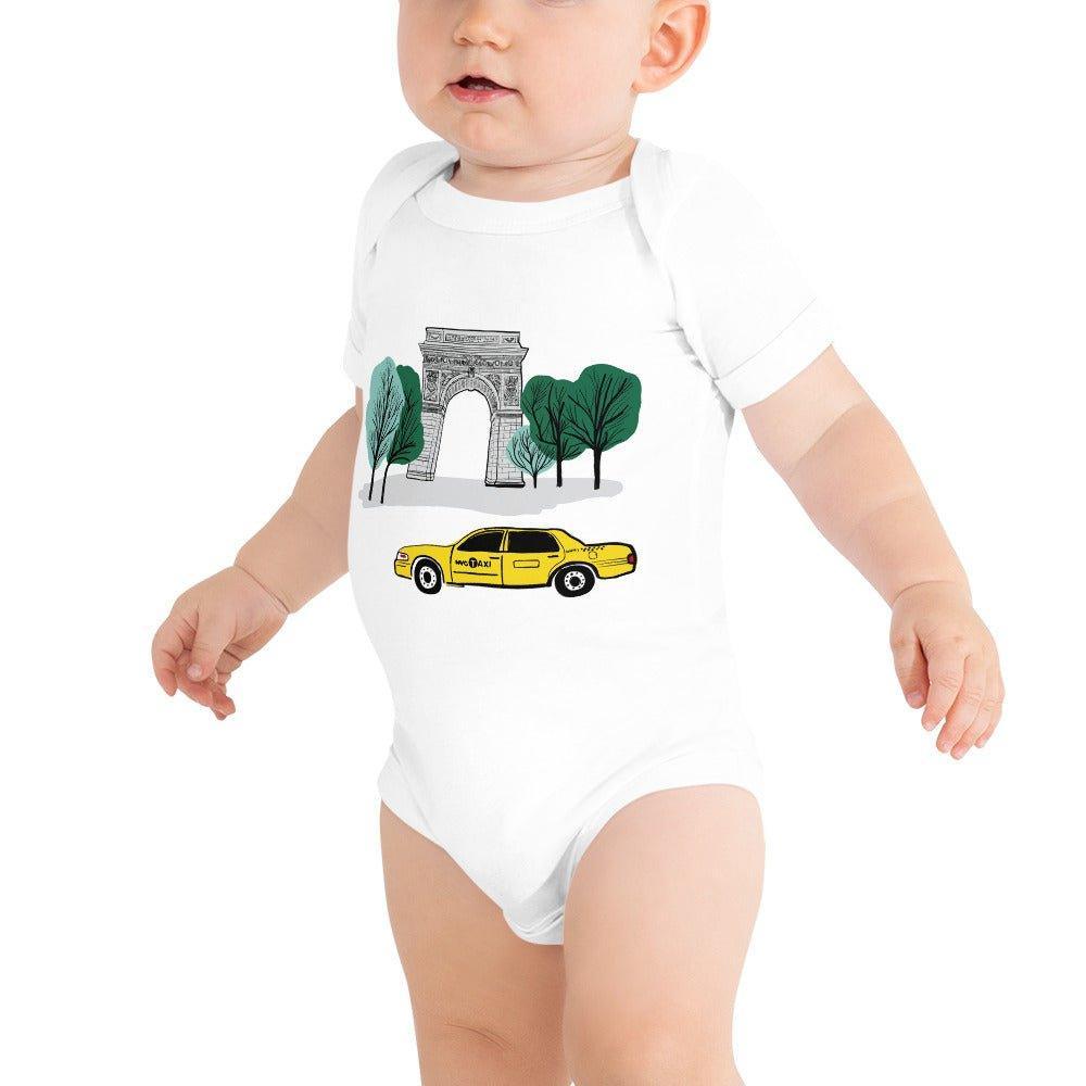 Baby onesie with New York City Washington Sq. Park pictured, featuring a cute illustration of the park's arch and trees and a passing taxi.