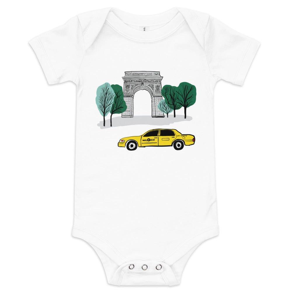 Baby onesie with New York City Washington Sq. Park pictured, featuring a cute illustration of the park's arch and trees and a passing taxi.