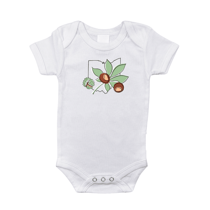 Red baby onesie with "Ohio Buckeye" and a buckeye leaf graphic, featuring white trim and snaps.