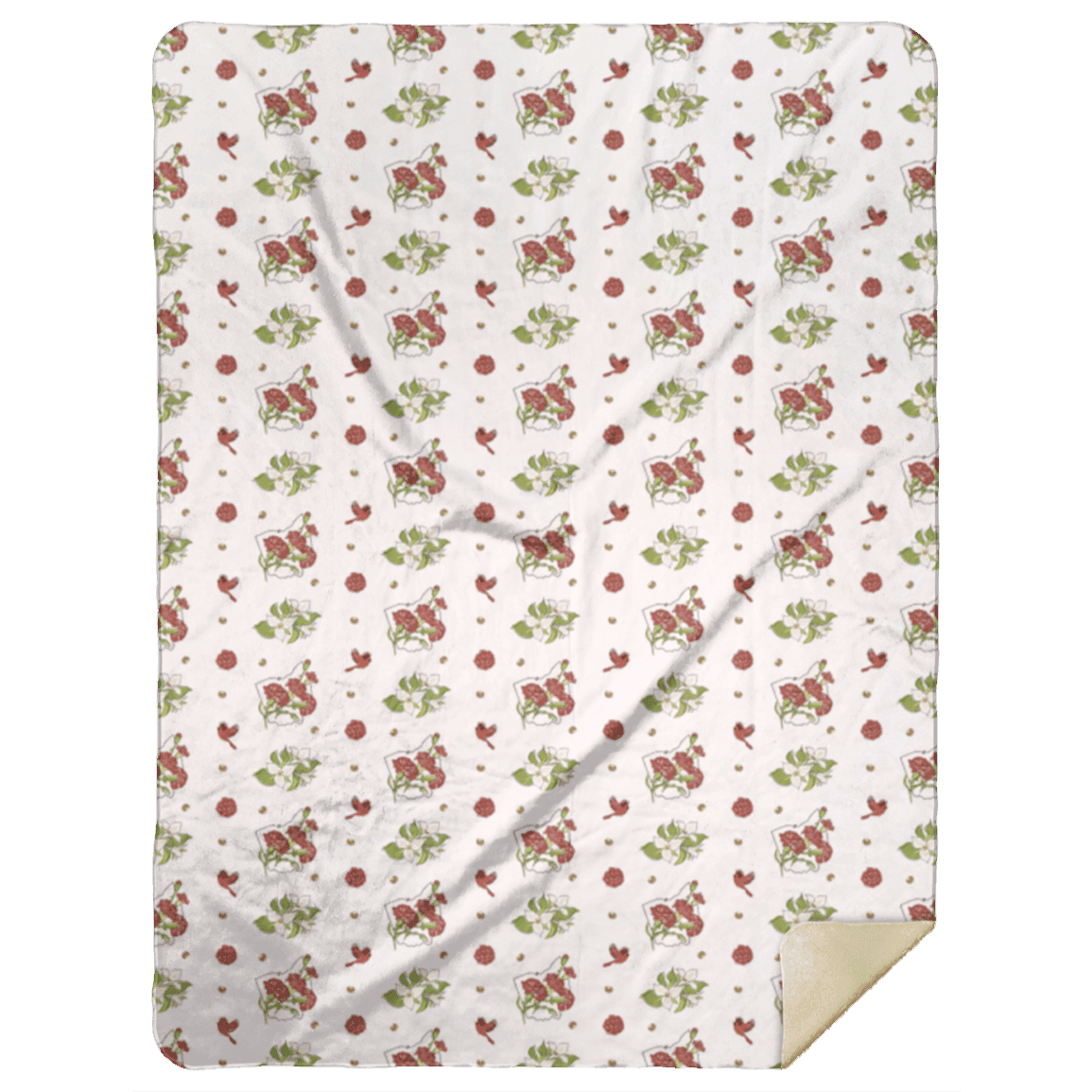 Ohio-themed floral plush throw blanket with vibrant red, yellow, and blue flowers on a soft, white background.
