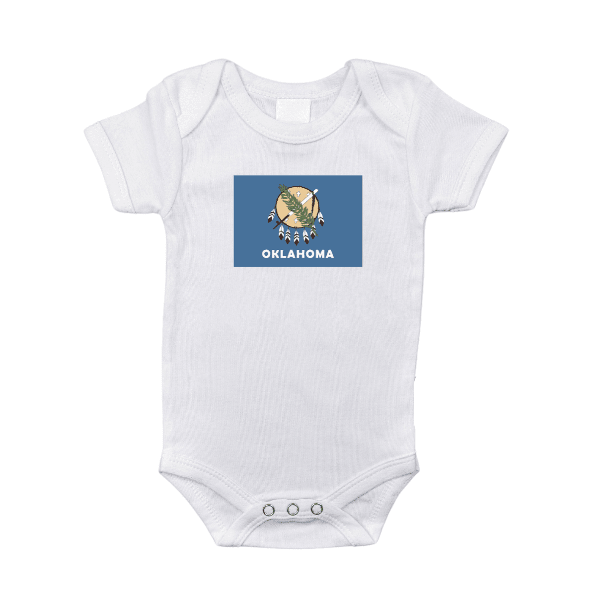 Blue baby onesie with Oklahoma flag design, featuring a shield with a peace pipe and olive branch.