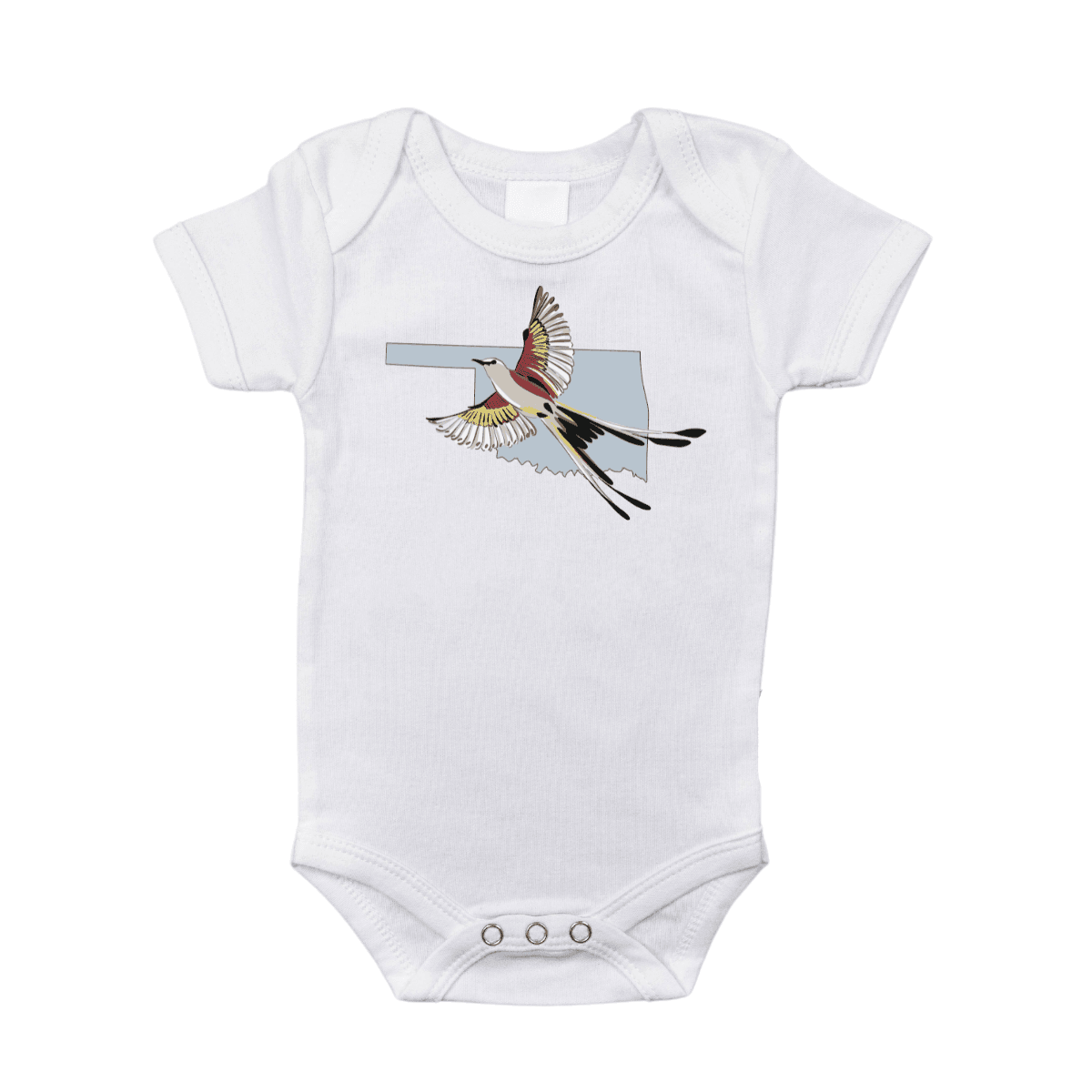 White baby onesie with "Oklahoma" and a scissortail bird graphic, featuring a heart and state outline.