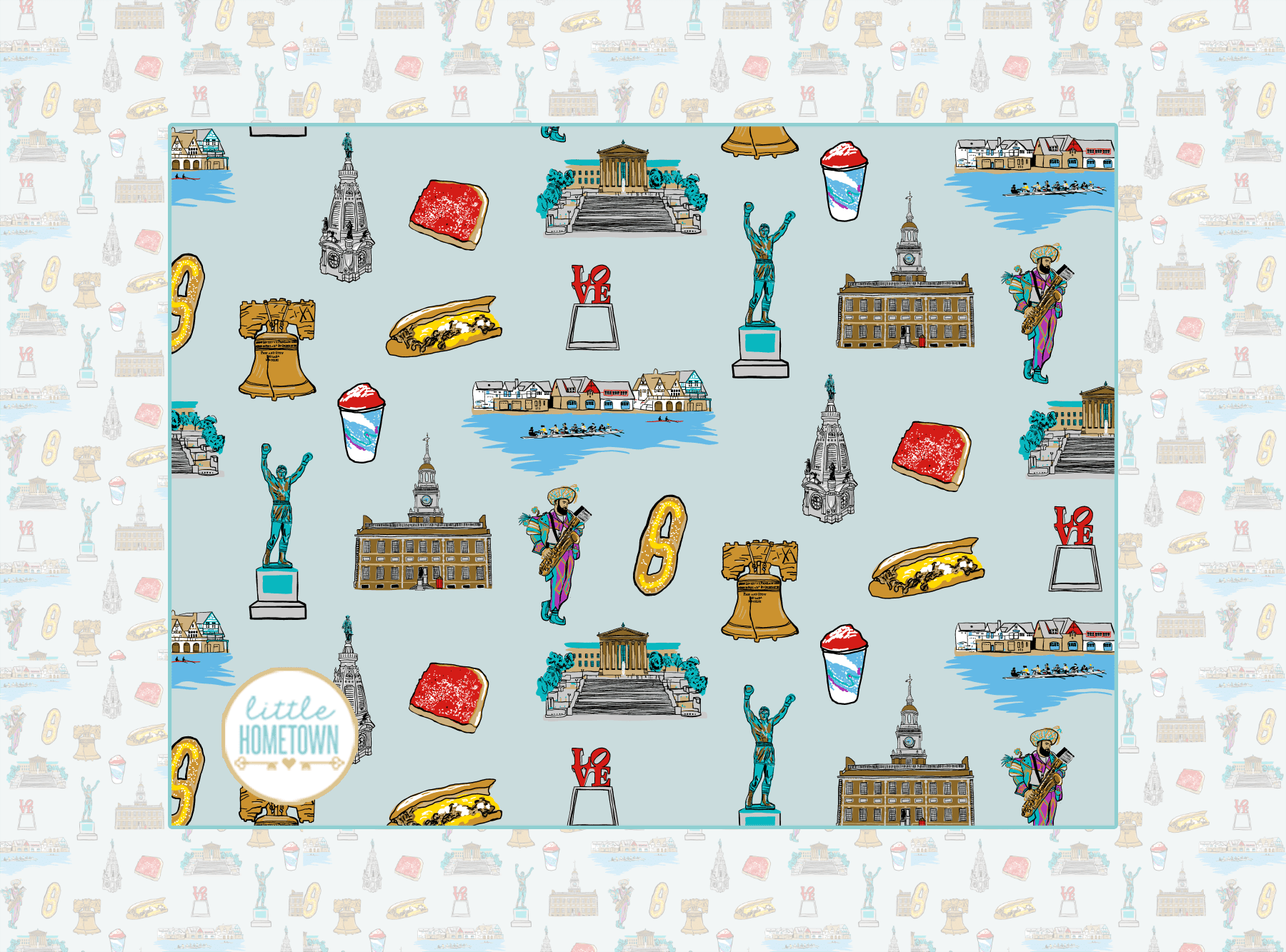 Philadelphia-themed plush throw blanket featuring iconic landmarks in a colorful, whimsical design, 60x80 inches.