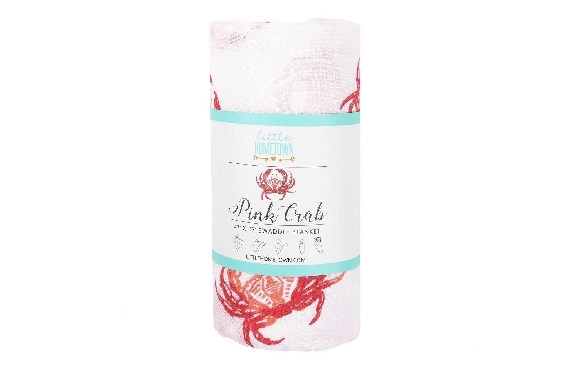 Soft pink muslin swaddle blanket with cute crab illustrations, perfect for newborns and baby showers.